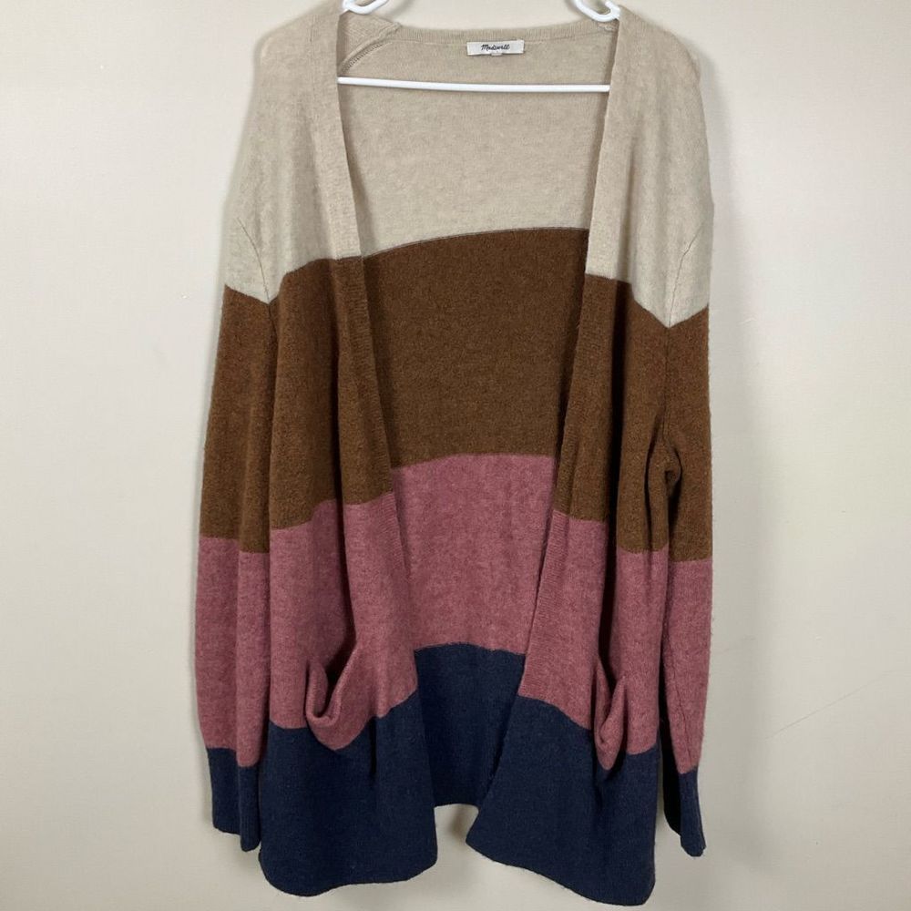 Madewell Womens Size XL Striped Cream Brown Navy Pink Wool Alpaca Blend Open Fro